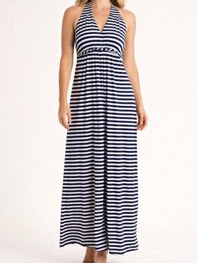 Chico’s Blue & White Striped Halter Maxi Dress Size 2 Flowing Summer Dress NWT